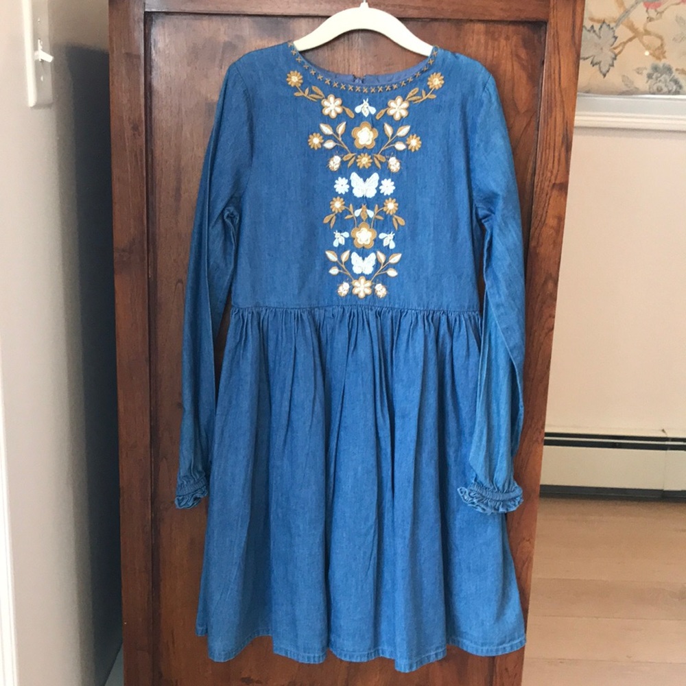 Mini Boden Denim Long Sleeve Embroider Dress Size 8-9